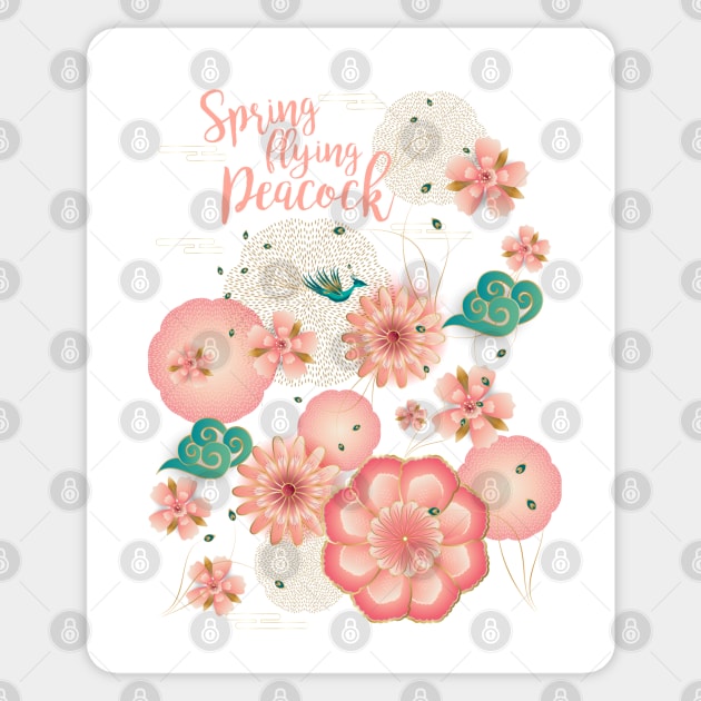 Elegant Floral Ornament, Spring Peach Garden, Decorative Pink Flowers, blossom sakuras pattern, Spring Dream Flying Peacock, Chinese Traditional background Vintage Sticker by sofiartmedia